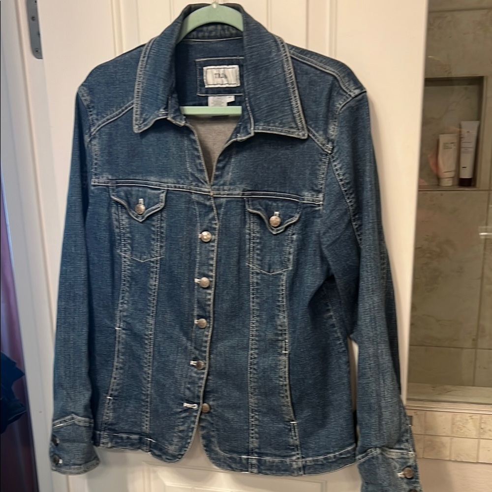 Tria Blue Jean Jacket with Gold Stitching and Collared Neckline